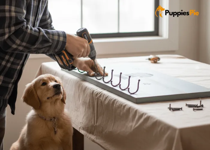 How to Make a Dog-Themed Key Holder at Home (Fun & Easy) 4 Attaching evenly spaced hooks to the bottom of a decorated wooden board to hold keys, leashes, and other dog accessories.