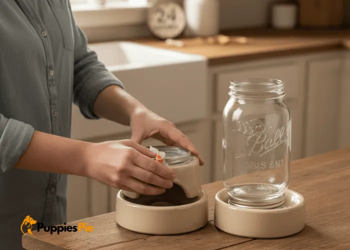 Attaching a mason jar lid to a dispenser base using food-safe adhesive, then flipping the jar upside down to create a secure DIY dog treat dispenser.