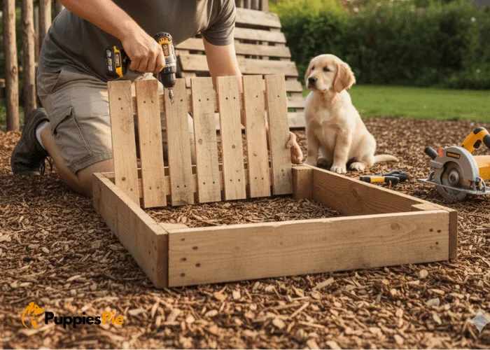 Build a Dog Fence Gate from Pallets: A Simple DIY Guide 4 Laying a pallet gate frame flat and securing evenly spaced boards for a rustic pet fence design.