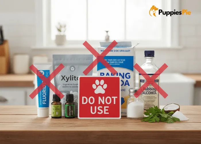 Unsafe dog toothpaste ingredients to avoid including fluoride, xylitol, excessive baking soda, essential oils, salt, and alcohol to prevent toxicity and gum irritation.