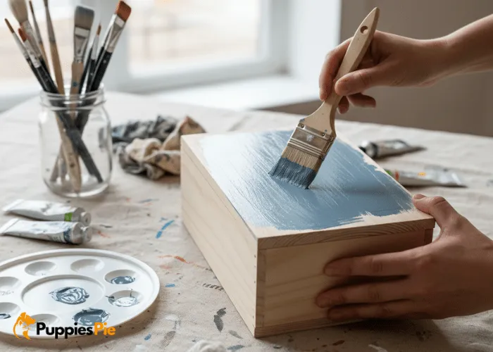 Wooden treat box being painted with smooth, even coats of base color for a clean, polished finish.