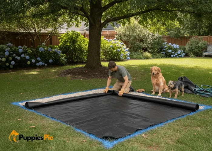 Build a Backyard Digging Pit for Dogs That They’ll Love 2 Laying landscaping fabric and gravel to create a strong, weed-free base layer for a backyard dog digging pit with good drainage.