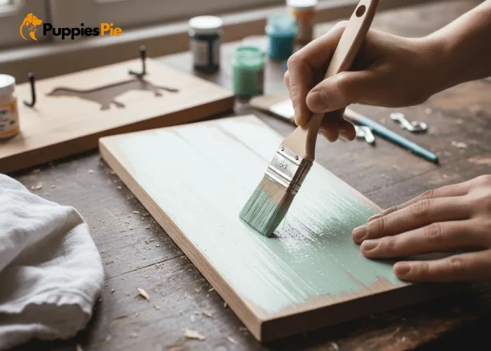 How to Make a Dog-Themed Key Holder at Home (Fun & Easy) 2 Painting a wooden board with a chosen base color to prepare it for a DIY dog themed key holder decoration.