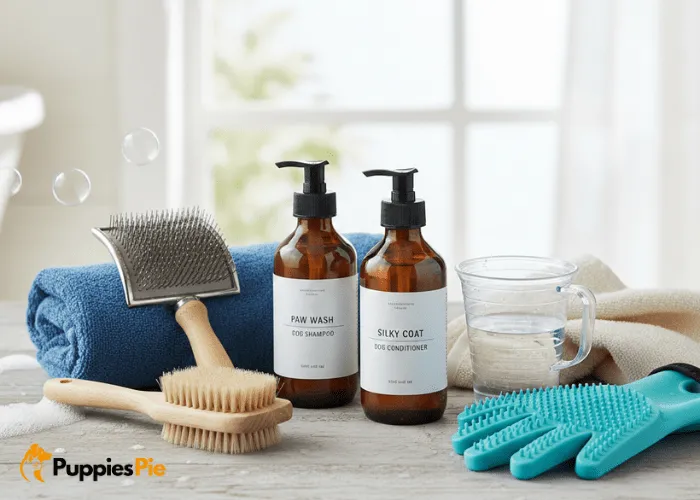 Bath essentials for dog grooming shampoo, conditioner, deshedding brush, microfiber towel, rinse cup, and grooming glove.