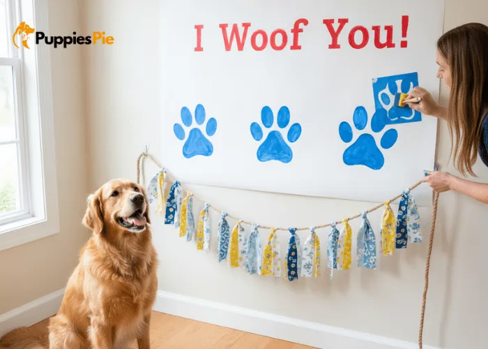 DIY Dog Birthday Party Decor: Ultimate Guide to Pet Celebrations 3 DIY dog birthday photo backdrop made from a solid-color fabric and decorated with large paw-print stencils and a fleece tassel garland.