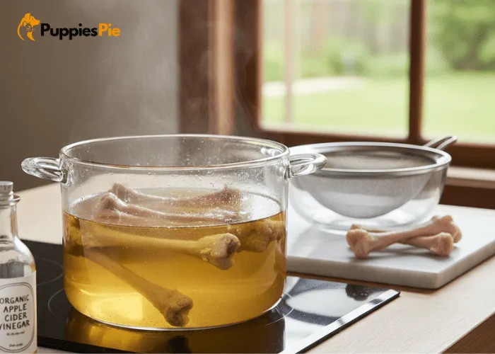 Choosing safe, unsalted, and unseasoned chicken broth for dogs, prepared from scratch with strained chicken bones for nutrients.