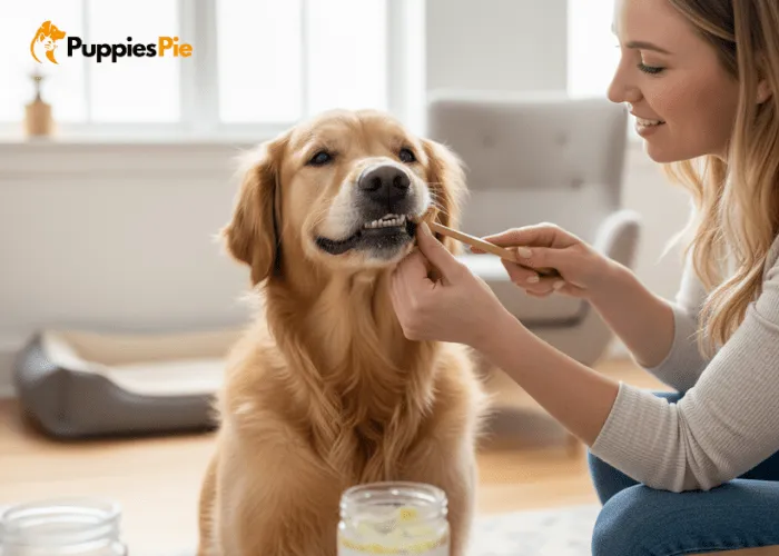 Dog toothbrushing guide showing a finger brush, gentle brushing technique, short brushing sessions, and reward-based positive reinforcement