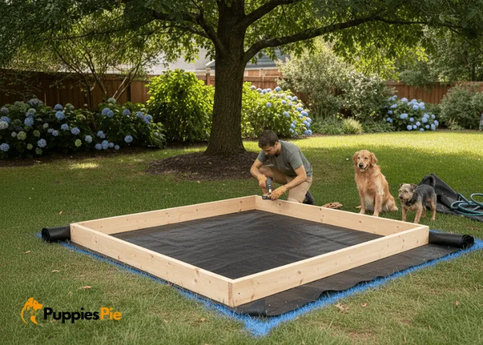 Build a Backyard Digging Pit for Dogs That They’ll Love 3 Building a safe wooden frame for a backyard dog digging pit by assembling smooth boards with secured corners to contain the digging area.