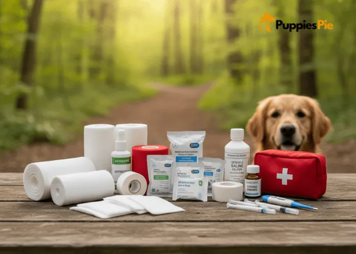 Assemble a Comprehensive DIY Dog First Aid Kit for Emergencies 2 Dog first aid medical supplies including gauze pads, non-stick dressings, vet wrap, and antiseptic wipes organized on a table.