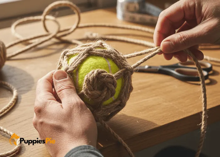 Inserting a small tennis ball in the center of a homemade rope dog toy for weight and bounce.