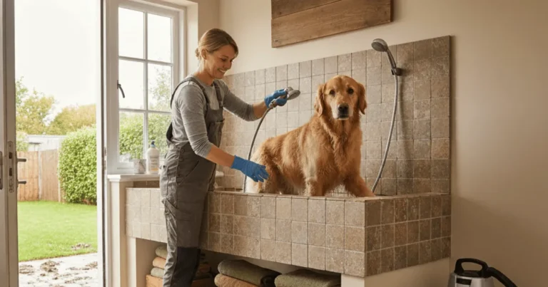DIY dog cleaning station setup easy home solution for clean paws and a mess free living space.