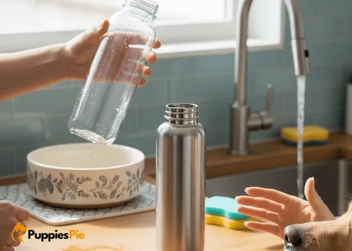 Make a Portable Water Bottle Dispenser for Your Dog: Stay Hydrated Anywhere 1 Dog water bottle dispenser preparation cleaning a durable reusable bottle with soap and water to keep a pet’s drinking water fresh and safe.