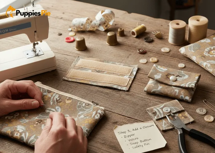 Fabric pouch end being closed using a zipper, Velcro, snap button, or a folded edge secured with a safety pin.