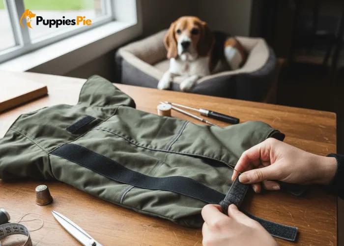 Upcycled Sweater into Dog Jacket – A Cozy DIY for Your Pup 6 DIY dog jacket with Velcro strips added to the belly section for easy wearing and adjustable fit.