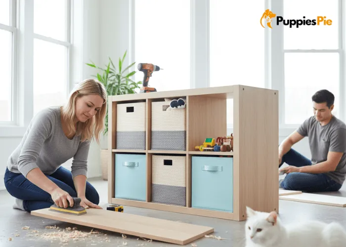 Diy Adjustable shelves or cube storage set up in a pet closet, with smooth painted edges for a clean look.
