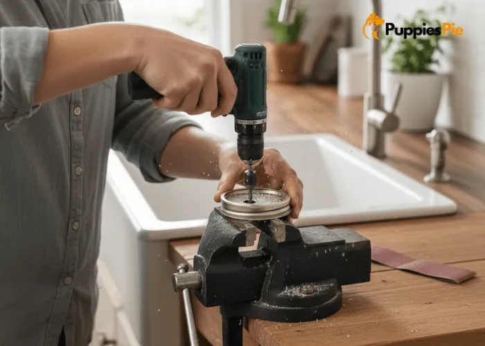 Drilling a smooth 1 inch hole in the center of a mason jar lid to allow dog treats to fall through in a DIY treat dispenser.