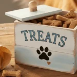 Hand-painted wooden dog treat box with a simple, clean design, featuring smooth color layers and a neat lid for storing treats.