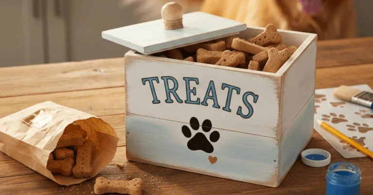 Hand-painted wooden dog treat box with a simple, clean design, featuring smooth color layers and a neat lid for storing treats.