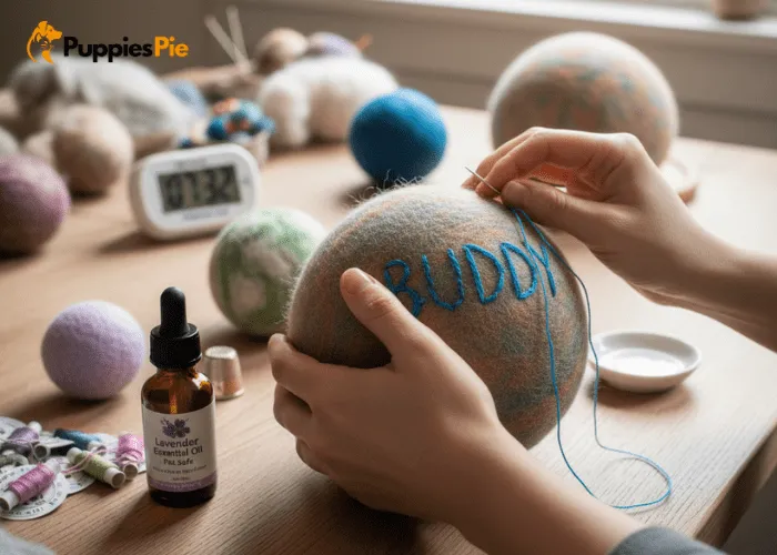 Decorating handmade felt dog toys with initials and colorful variations for playful customization.