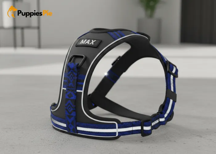 DIY dog harness decorated with simple, stylish details like stitching, name tags, or reflective accents.