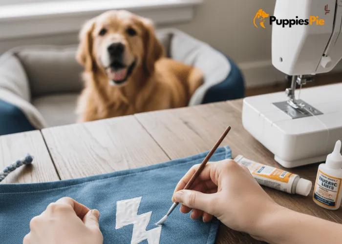 DIY Dog Costume Ideas for Fun Reels and Photos 4 Pet owner painting a big “S” on a DIY cape to personalize their dog’s superhero outfit for social media content.