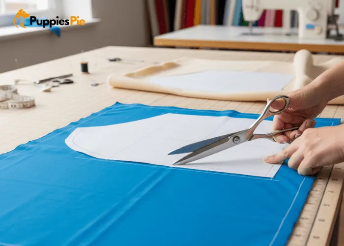 Make a Dog Raincoat at Home: A Step-by-Step DIY Guide 3 Hands cutting rainproof fabric for a homemade dog raincoat, leaving space around the edges for sewing or gluing.