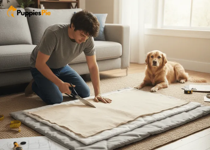 Dog Couch Cover DIY: Protect Your Furniture the Smart Way 3 Cutting measured fabric pieces and layering waterproof lining and padding to make a comfortable DIY dog couch cover.