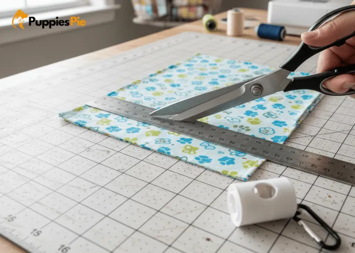 Measuring and cutting a 6x4 inch fabric rectangle to make a DIY dog poop bag holder that fits a standard roll.