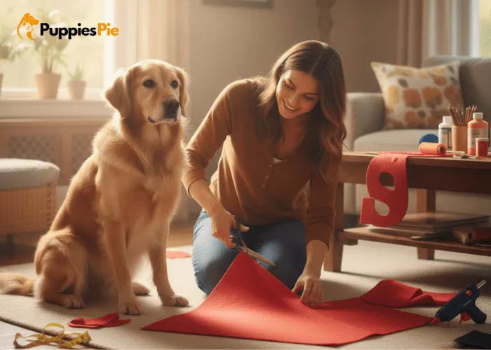 DIY Dog Costume Ideas for Fun Reels and Photos 2 Hands cutting a piece of felt into a cape shape for a DIY dog costume using the measurement taken earlier.