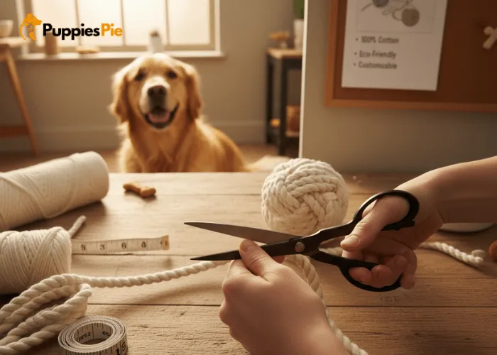 Measuring and cutting a 3, 4 foot piece of rope to size for a DIY rope ball dog toy, with length adjustments for small or large dogs.