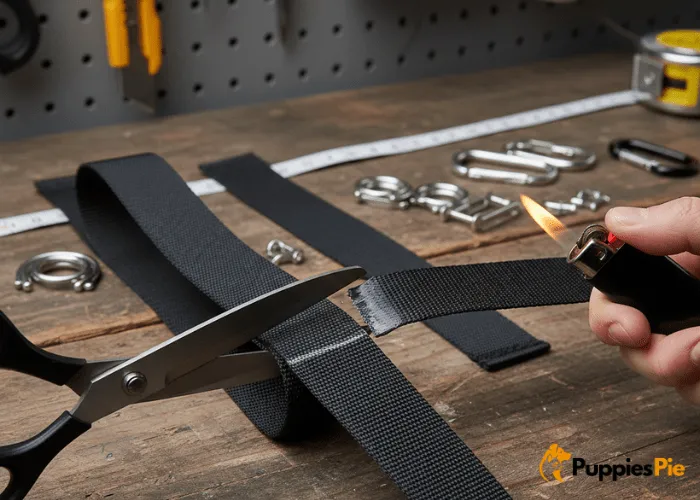 Webbing straps being cut to size for a DIY dog harness, with edges heat-sealed for clean, durable ends.