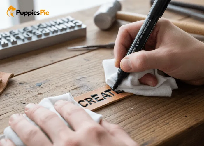 Stamped letters on a metal dog tag being darkened with marker ink, leaving clean contrasted lettering in the grooves