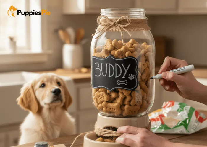 Decorating a DIY mason jar dog treat dispenser with paint, twine, or labels to personalize it with a dog’s name and style.