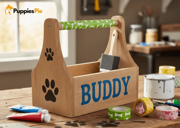 Decorated pouch with added name, paw print, or patterned tape for a personalized look.