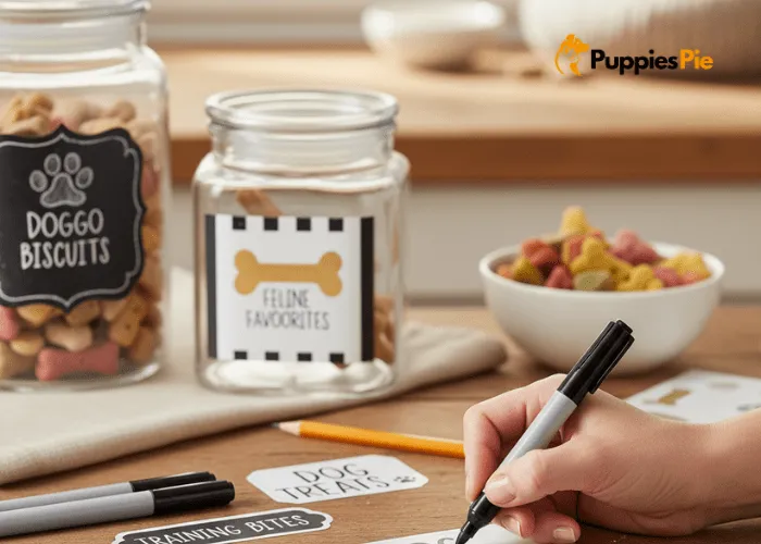 Hands designing a dog treat jar label with simple text and small pet-themed icons using markers or printed fonts.