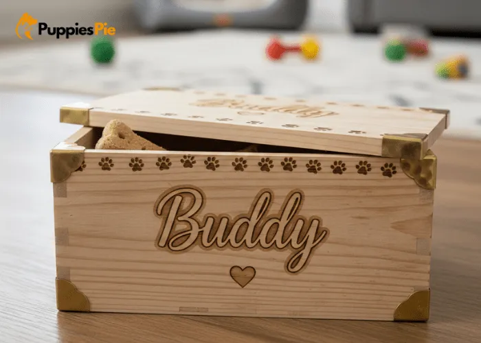 Painted wooden dog treat box being decorated with small accents like paw prints and simple highlights to keep the design clean and custom.