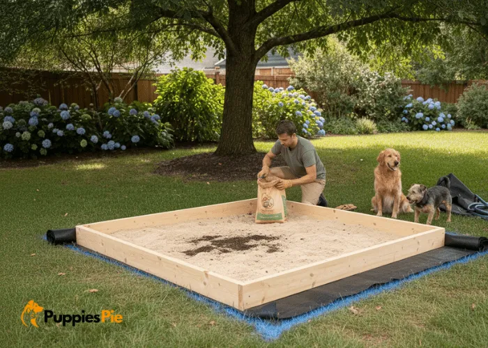Build a Backyard Digging Pit for Dogs That They’ll Love 4 Filling a backyard dog digging pit with clean sand or soft soil 10–12 inches deep to create a safe and inviting area for dogs to dig.