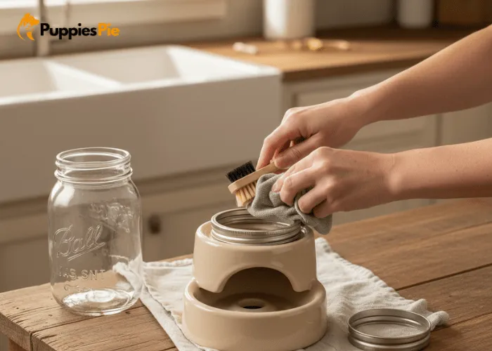 Preparing a clean dispenser base for a DIY dog treat feeder, making sure the opening fits securely with the mason jar.