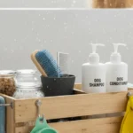 DIY dog bath caddy designed to keep grooming tools organized for an easy, stress-free bath time.