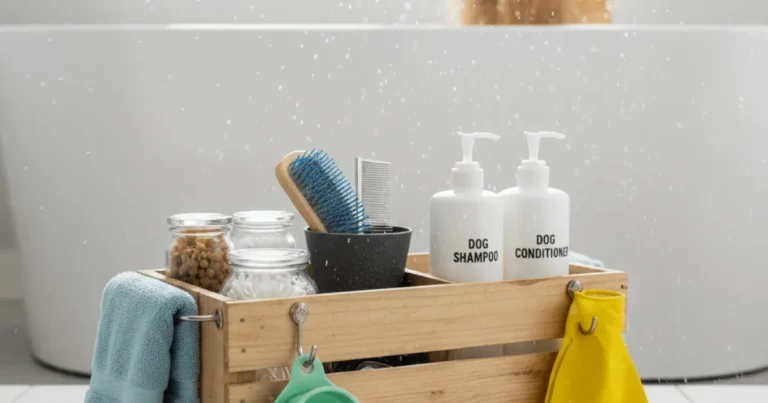 DIY dog bath caddy designed to keep grooming tools organized for an easy, stress-free bath time.