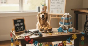 A happy dog sitting beside colorful DIY birthday decorations such as balloons, party hats, and a paw print banner at a pet celebration.