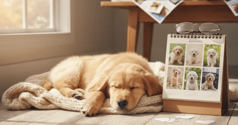 DIY dog calendar photoshoot idea featuring cute, themed pet photos for each month.