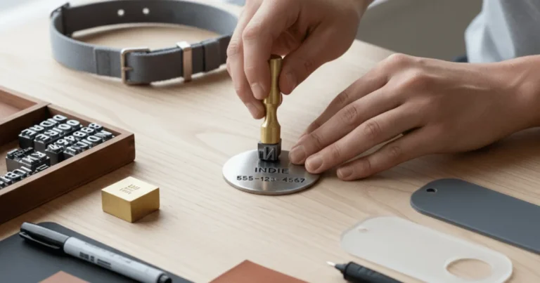 Minimalist DIY dog ID tag with clean, modern design and engraved name.