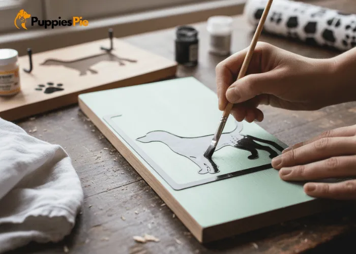 How to Make a Dog-Themed Key Holder at Home (Fun & Easy) 3 Decorating a painted wooden board with paw prints, dog silhouettes, or vinyl decals to create a personalized dog themed key holder.