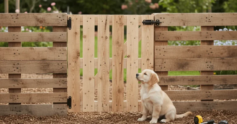 DIY dog fence gate made from recycled pallets for backyard pet safety.