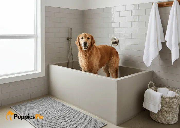 Create a Dog Cleaning Station: Easy DIY Setup for Clean Paws and Happy Homes 4 Dog standing on a non slip mat with towels ready nearby, creating a safe drying zone after paw cleaning.