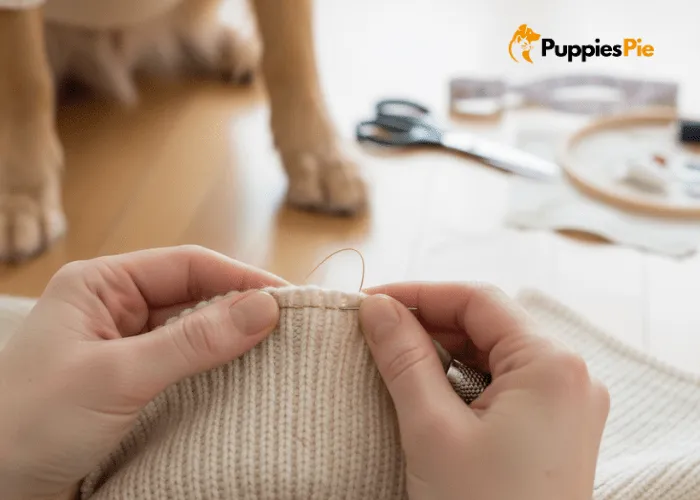 Upcycled Sweater into Dog Jacket – A Cozy DIY for Your Pup 5 Hands folding and stitching raw fabric edges on a DIY dog sweater to prevent fraying and create a neat finish.