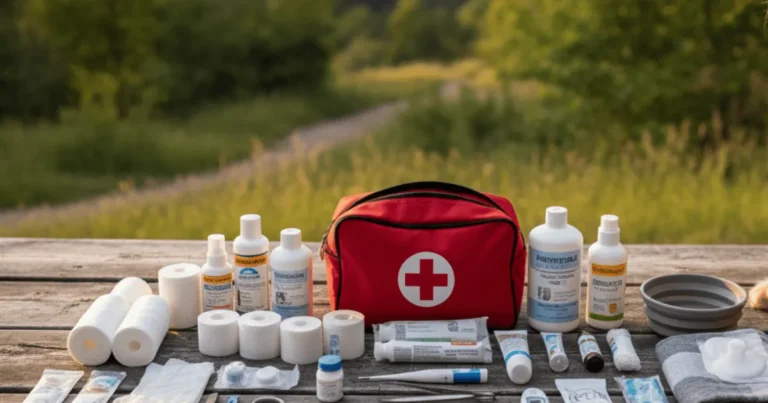 Dog first aid kit items labeled and stored in a waterproof case for quick access during emergencies.