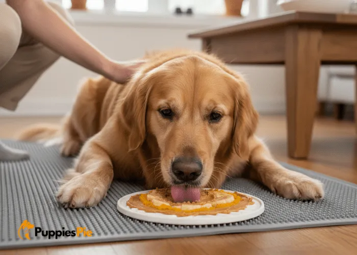 How to Make a Lick Mat at Home (Easy DIY Guide) 6 Dog enjoying a homemade lick mat on a non-slip surface while being supervised to prevent chewing