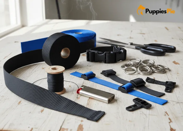 Essential materials for DIY dog harness: webbing, D-rings, buckles, tri-glides, thread, scissors, and lighter.